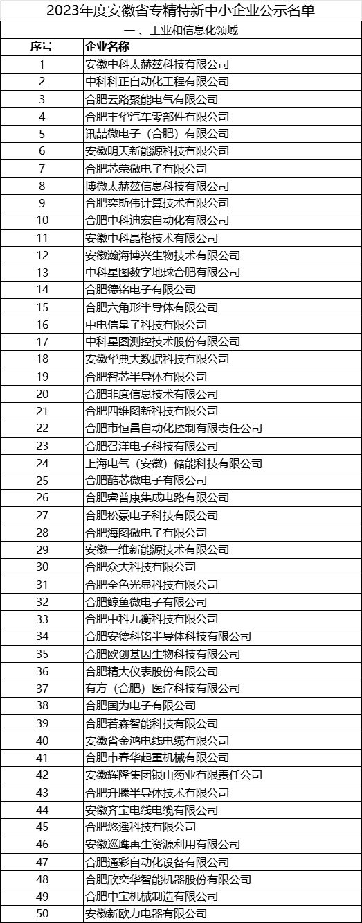 2023年安徽省专精特新中小企业完整名单