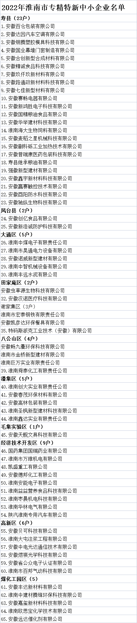 2022年淮南市专精特新中小企业名单